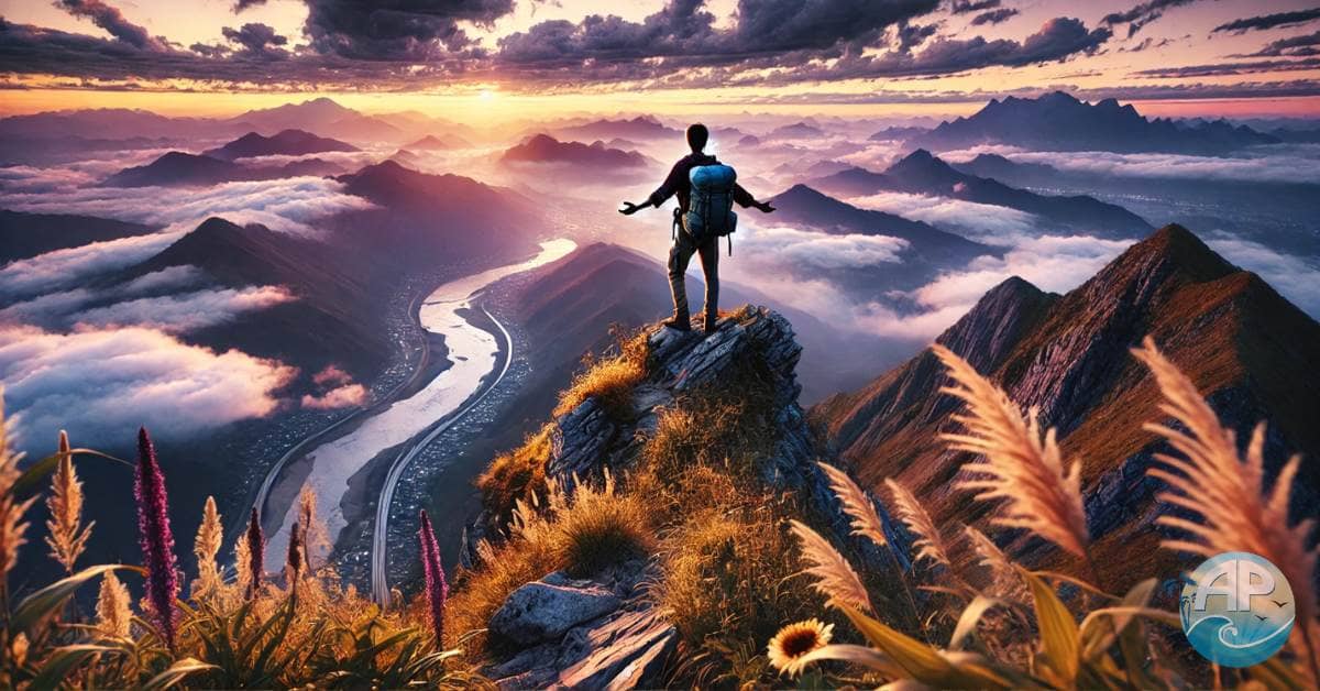 Living Free vs. Just Existing – person standing on mountain edge at dawn, overlooking valley with river and sunrise.