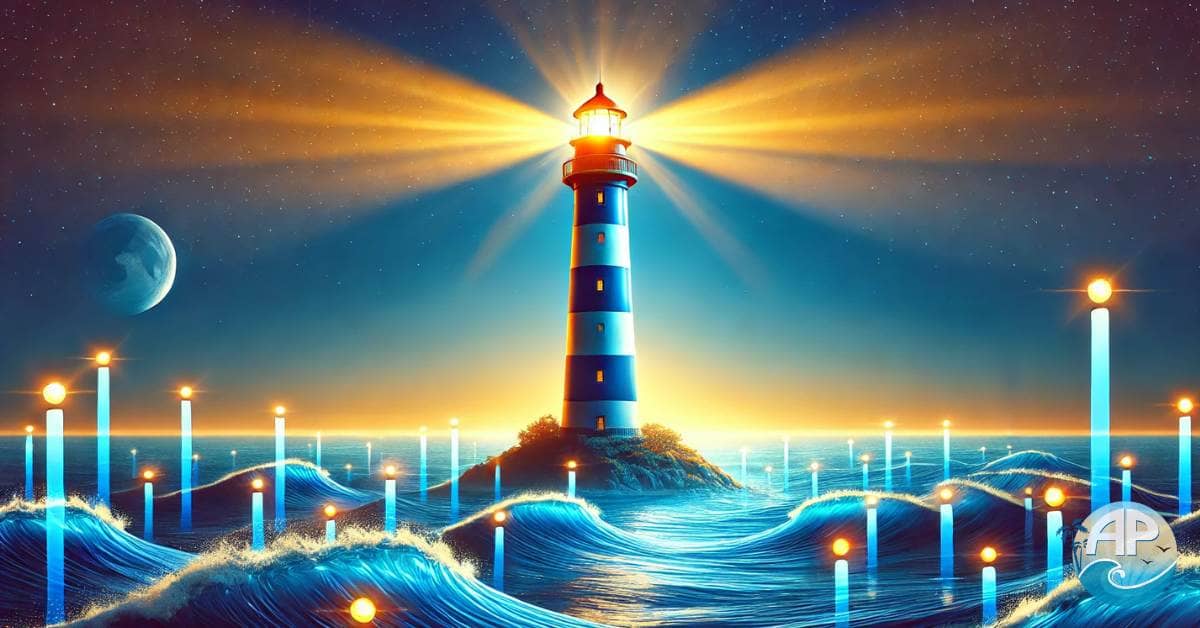 A tall lighthouse symbolizing long-form content for lasting results, standing strong amidst the waves of short-lived social media posts.