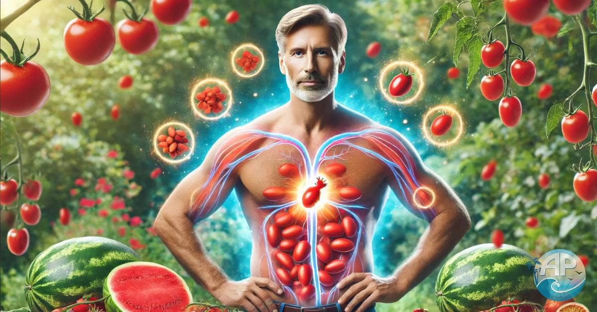 Man surrounded by lycopene-rich foods like tomatoes and watermelon, with glowing symbols of lycopene representing prostate health.