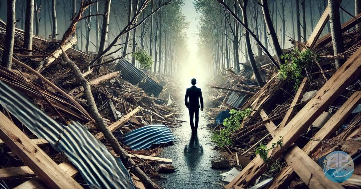 A person walking confidently down a path surrounded by destruction, with fallen trees and rubble scattered around, symbolizing mental preparedness