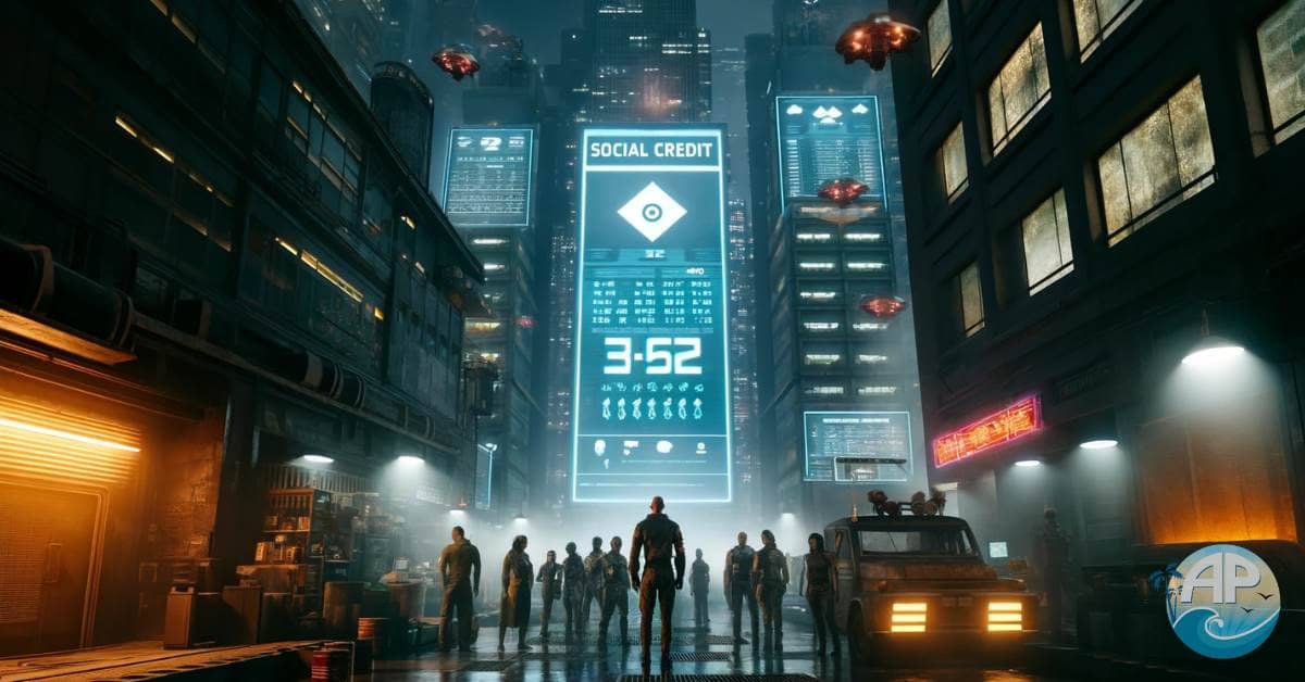 Dystopian city where citizens are controlled by a social credit system with real-time scores projected above their heads.