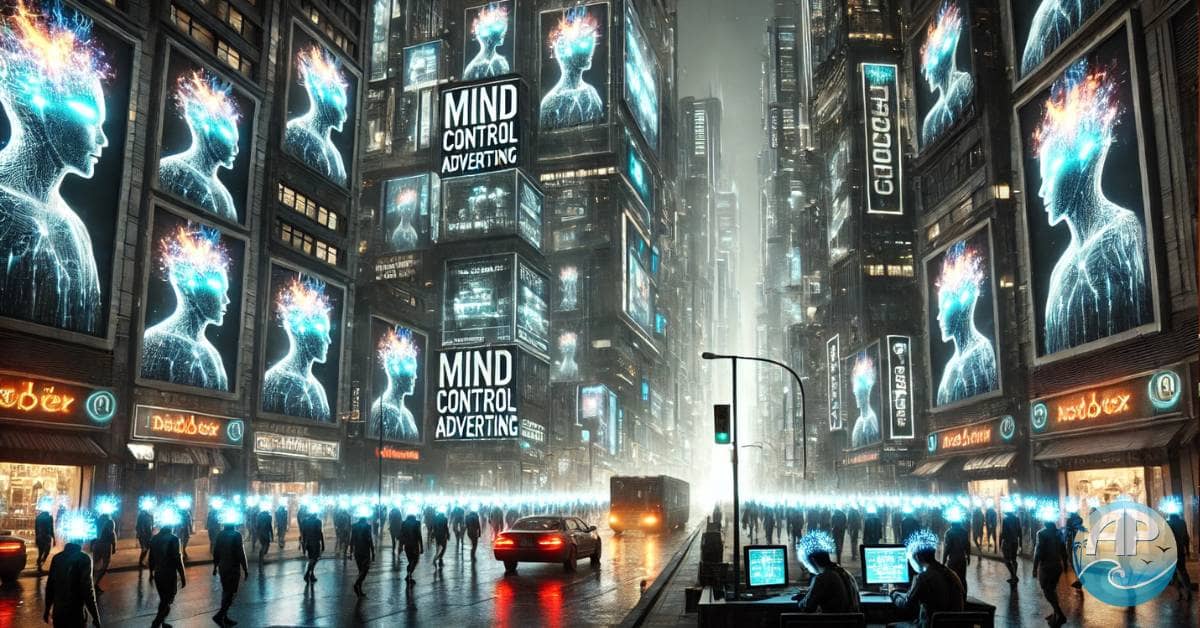 Dystopian city where mind control advertising manipulates citizens.