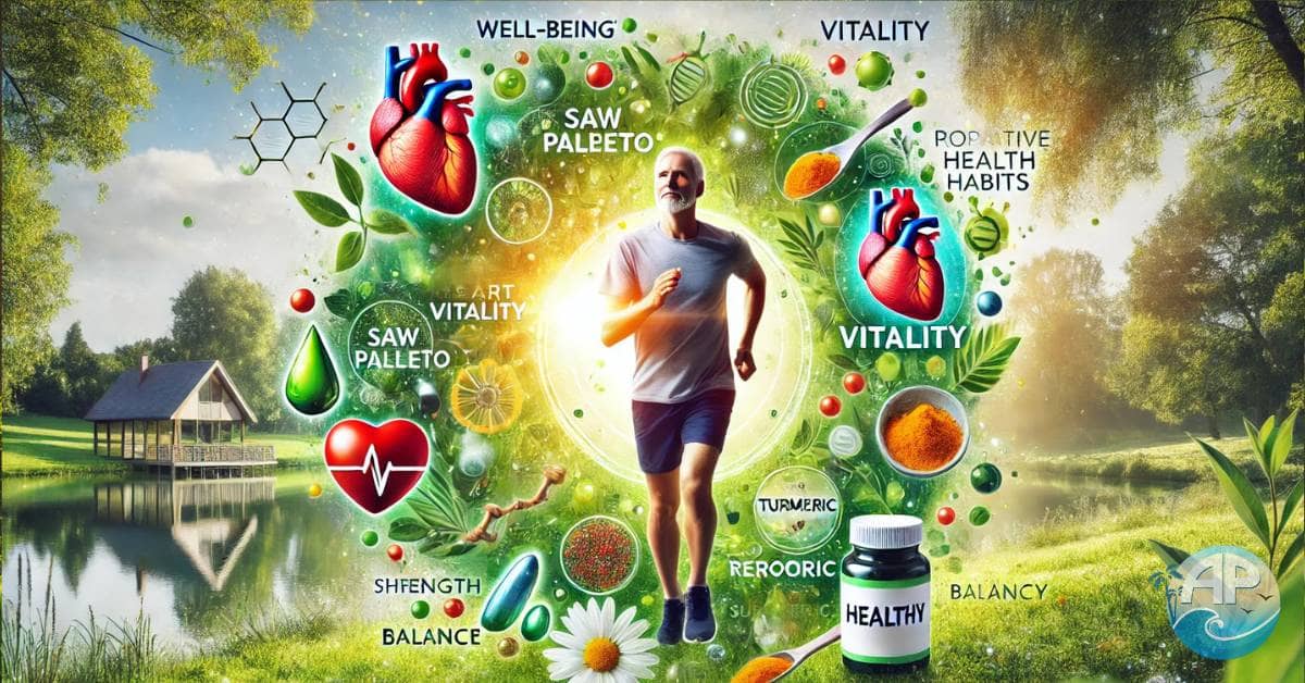 A vibrant collage centered on a middle-aged man jogging in a park, surrounded by health symbols and supplements.