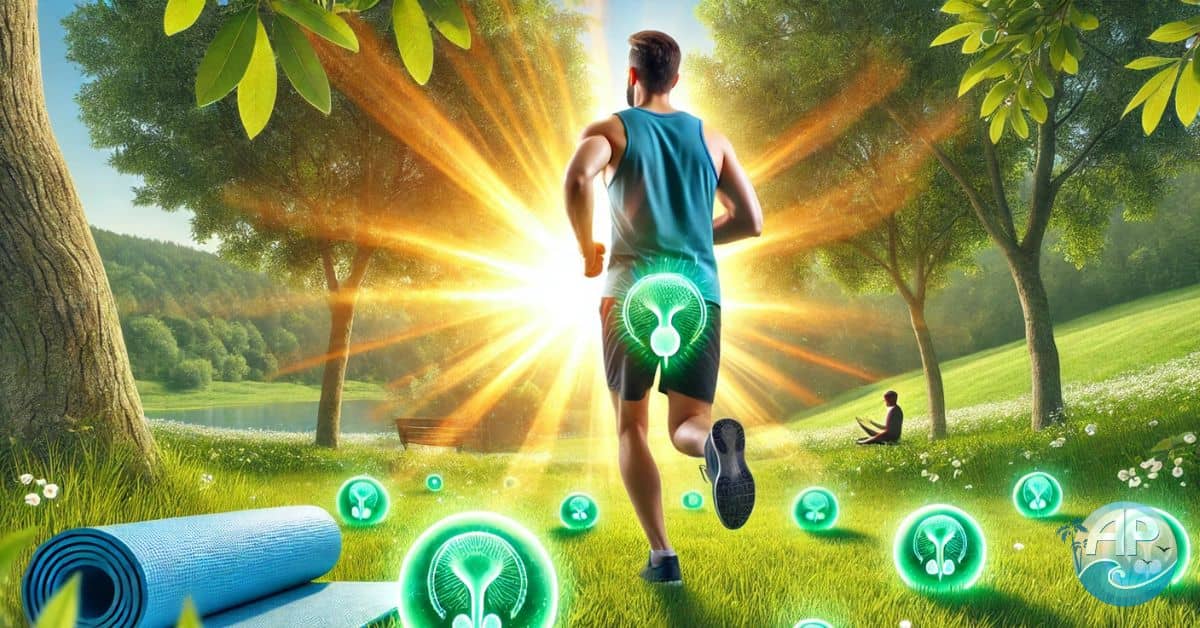 A man jogging in a park with glowing orbs symbolizing prostate health, representing lifestyle changes.