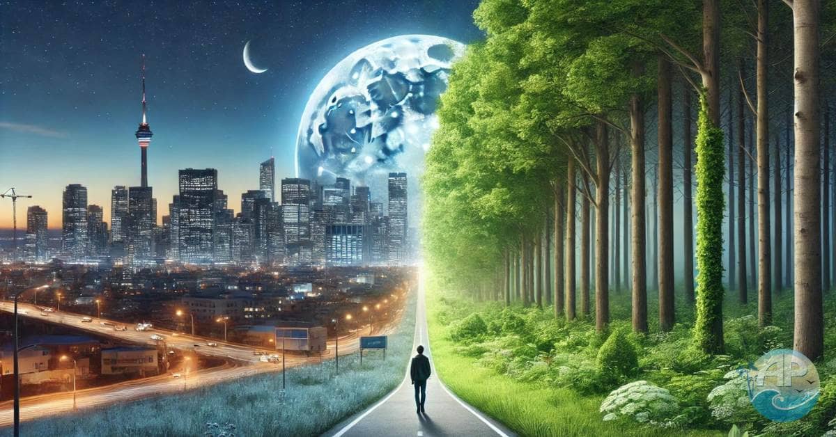 A person walking down a path transitioning from a glowing cityscape into a serene forest, symbolizing the journey of reclaiming intuition.