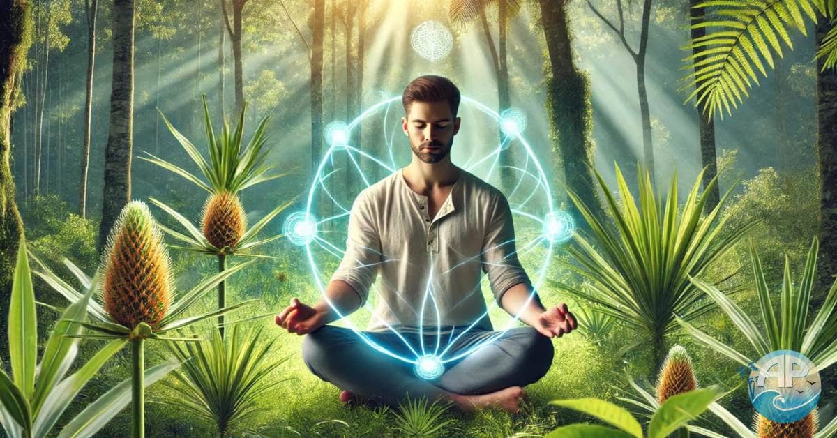 Man meditating in a peaceful forest, surrounded by saw palmetto plants with glowing energy connecting him to the plants, symbolizing prostate health.