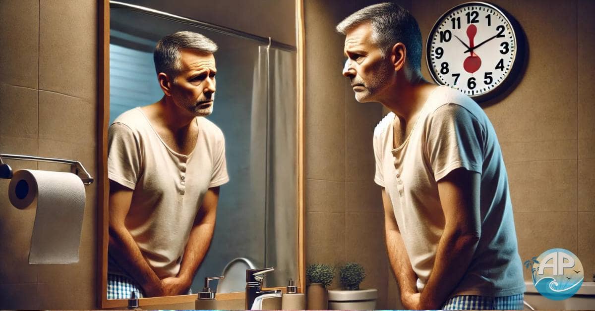 A middle-aged man standing in a bathroom, looking concerned while dealing with common signs and symptoms of an enlarged prostate, such as frequent urination and a weak urine stream.