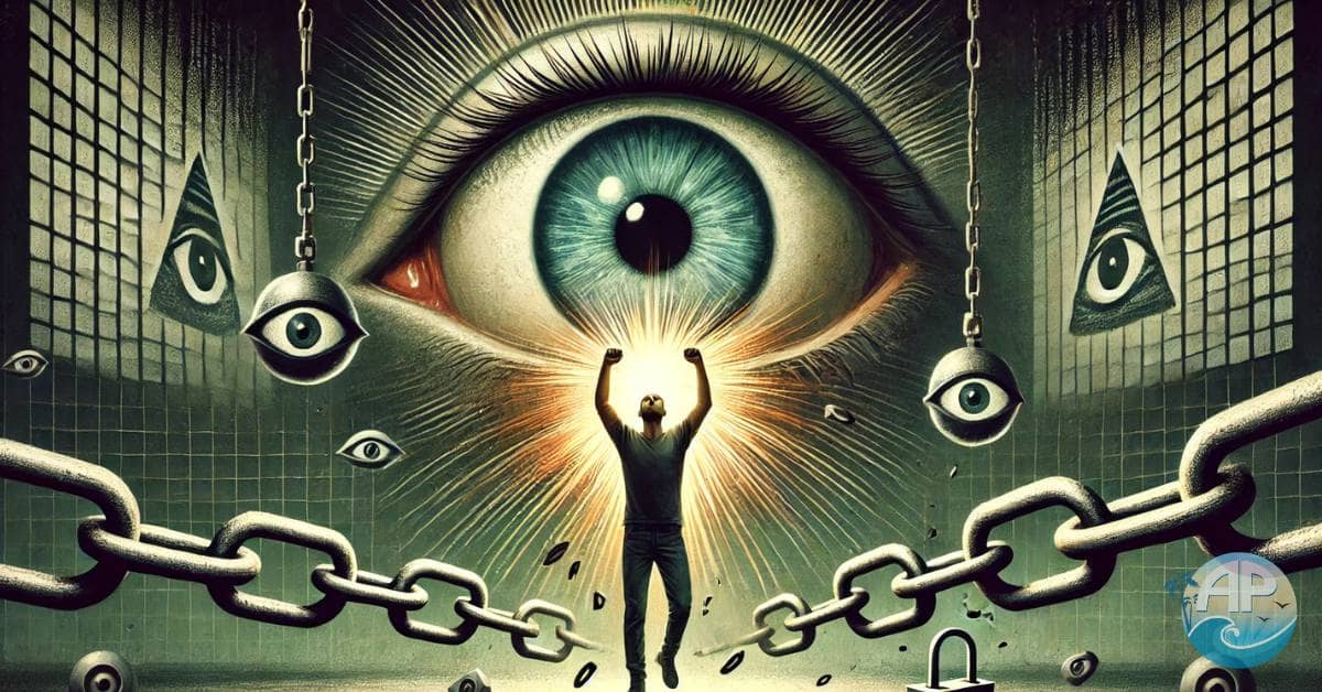 Silence is complicity, symbolized by a figure breaking chains with light radiating from the heart, against a background of watching eyes.