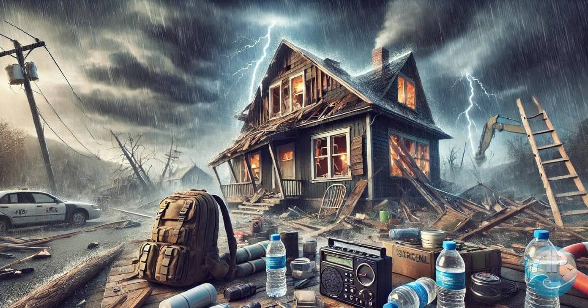 A damaged home after a natural disaster, with essential survival items like water, flashlights, and a go-bag ready for use in the first 72 hours.