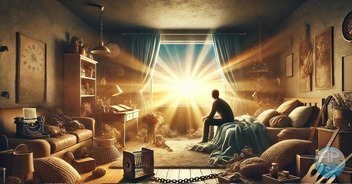 A person sits in a cozy, dimly lit room filled with familiar objects, gazing out a large window at a bright, expansive world, symbolizing the conflict between comfort and growth. Subtle chains on their ankles represent the hidden costs of staying comfortable.