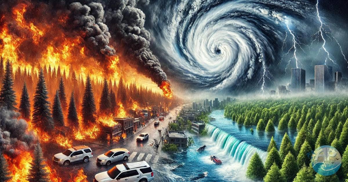 A highly detailed image of multiple natural disasters, showing a wildfire, flood, and hurricane in a unified scene.