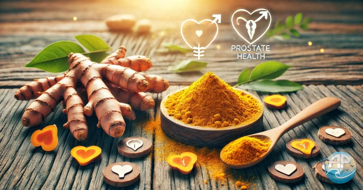 Turmeric powder and root on a rustic table with health symbols, representing the benefits of turmeric for enlarged prostate.