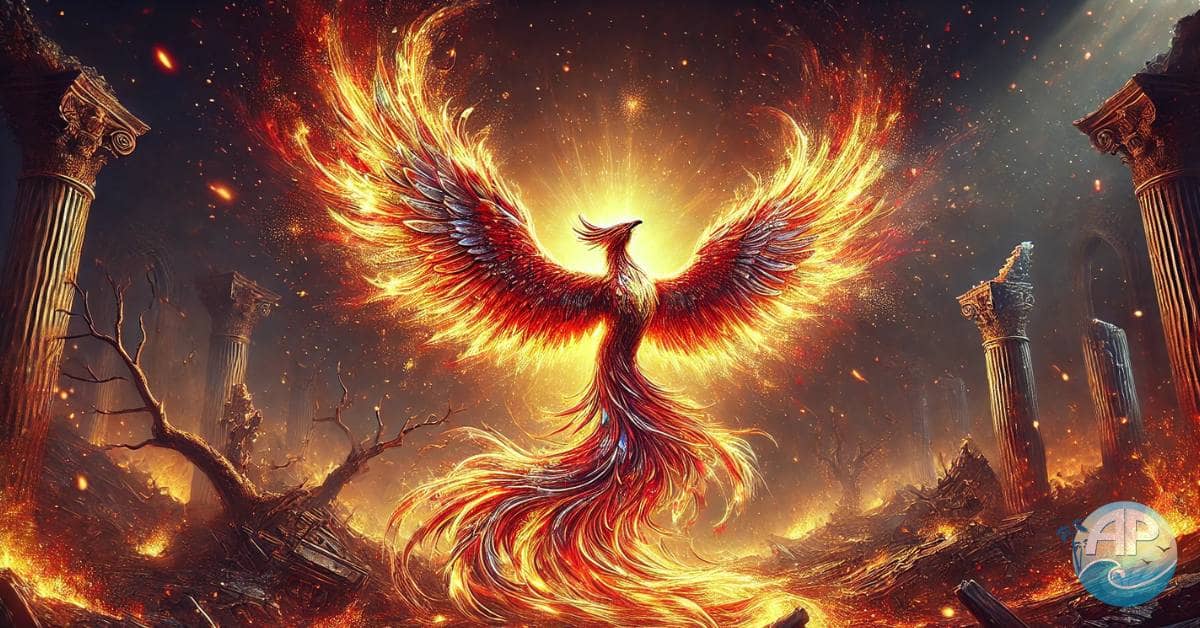 Majestic phoenix rising from glowing ashes, symbolizing the transformation of setbacks into superpowers with vibrant wings of fire.