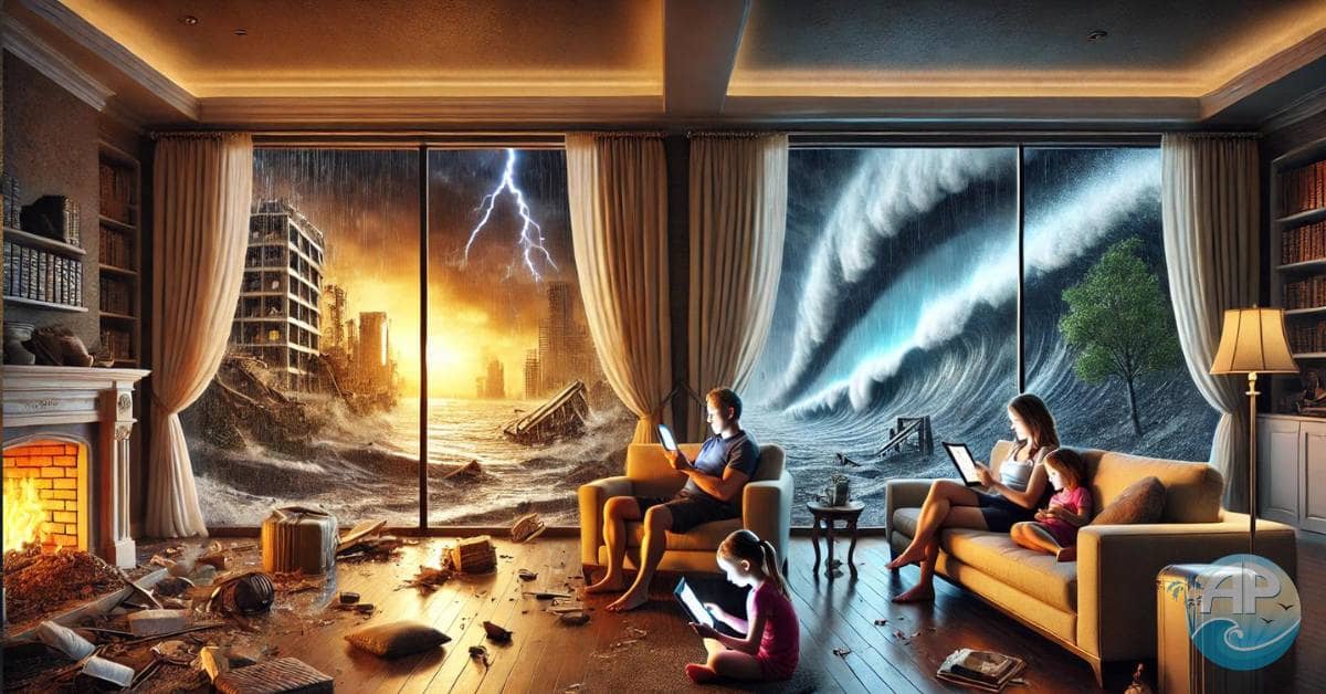 A dramatic contrast between a peaceful, modern living room and a violent storm outside, symbolizing emergency preparedness.