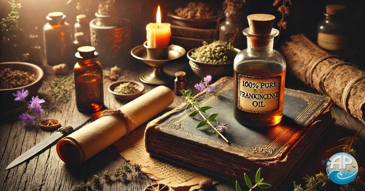 A bottle of pure frankincense oil on a wooden table, next to an ancient scroll, dried herbs, and a candle.