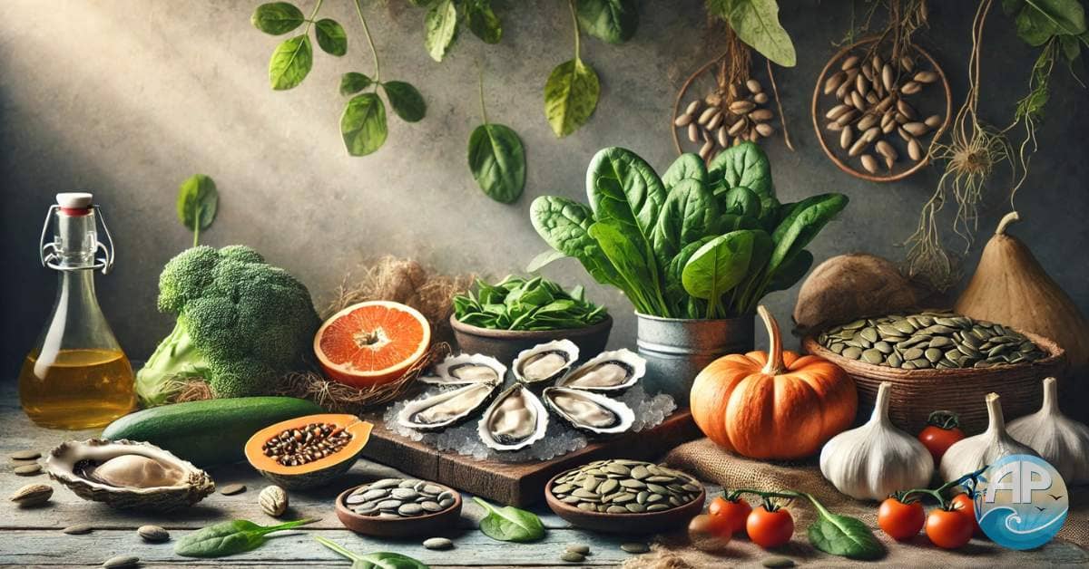 Zinc-rich foods like oysters, pumpkin seeds, and leafy greens arranged on a wooden table, representing the benefits of zinc for prostate health.