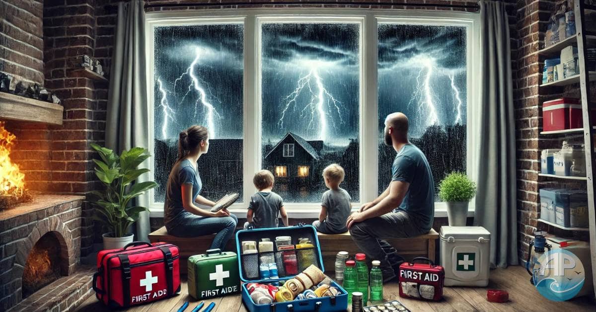 A prepared family organizing emergency supplies inside while a natural disaster occurs outside.