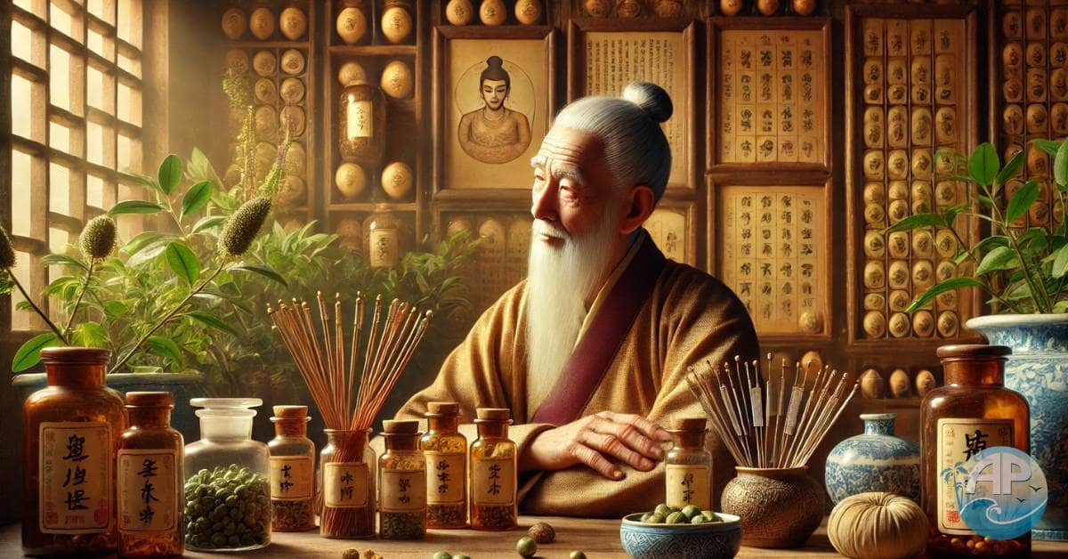 Ayurvedic and Traditional Chinese Medicine practices depicted in an ancient apothecary scene.