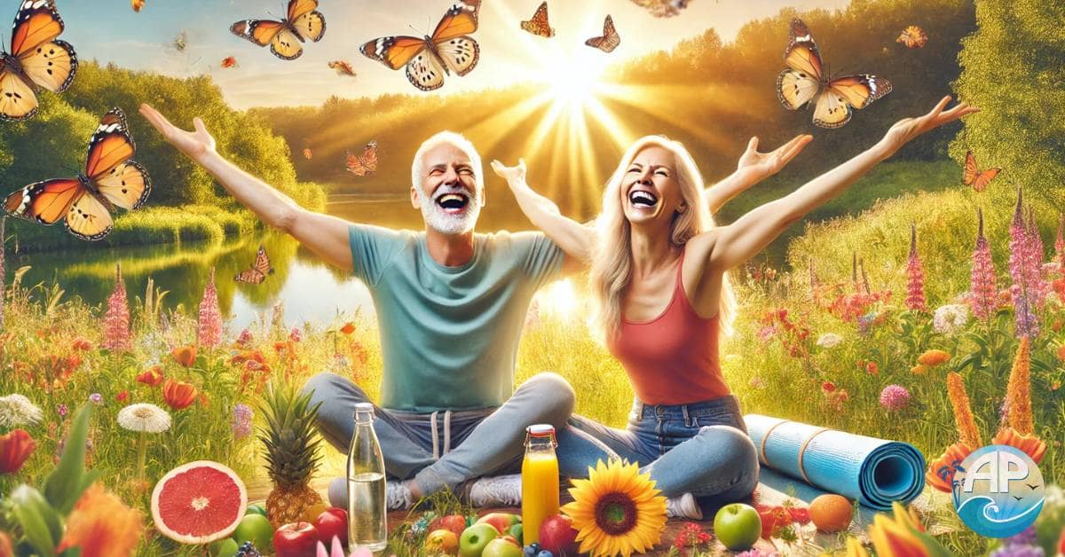 Middle-aged couple enjoying a balanced lifestyle for better health in a vibrant outdoor setting with wellness symbols.