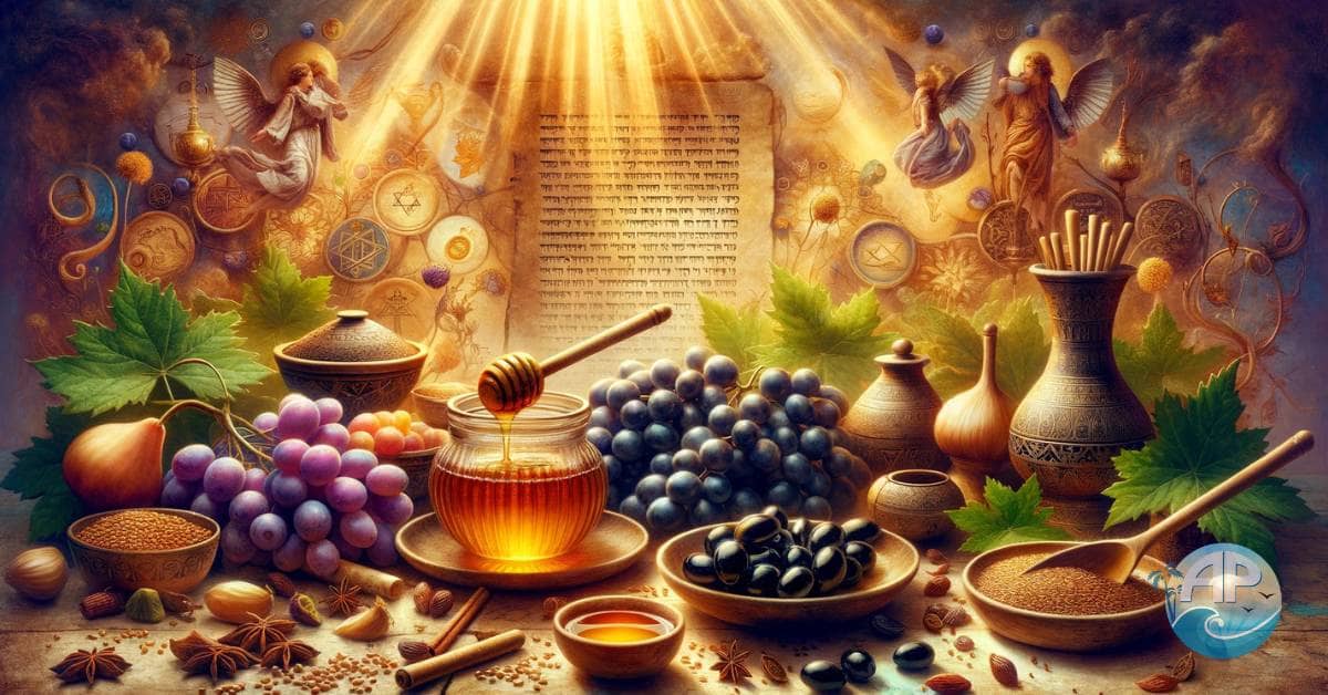 Biblical Superfoods for Health displayed on a rustic table with ancient symbols and divine scrolls.