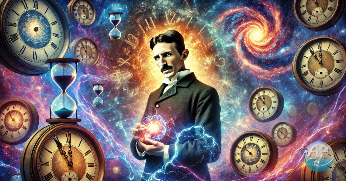 Block Universe Theory illustrated with Nikola Tesla and cosmic elements.