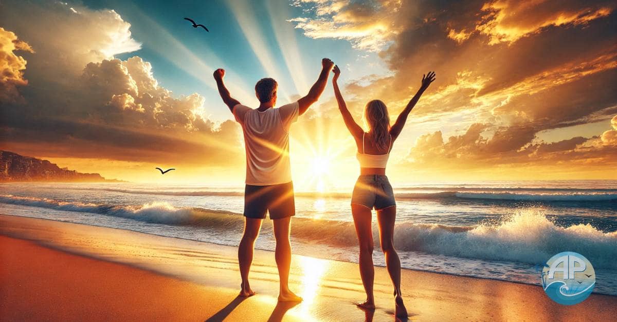 Break free and live life fully with a joyful middle-aged couple celebrating at sunrise on a beach.