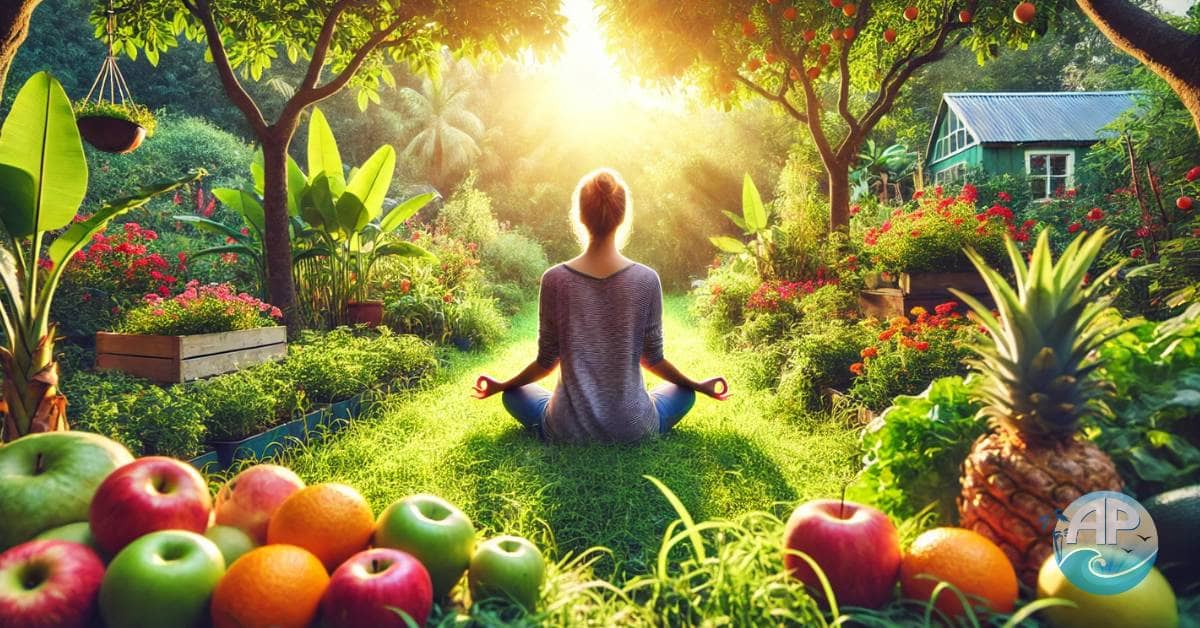 Person meditating in a lush garden surrounded by fresh fruits and sunlight, symbolizing building habits for lasting health.