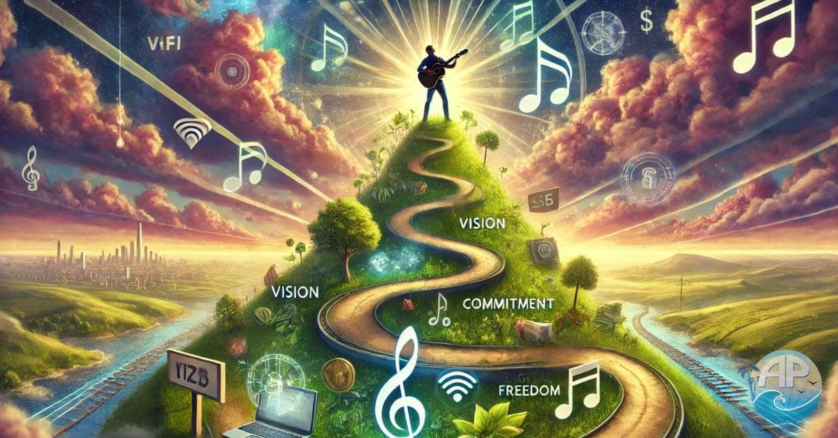 A surreal, vibrant scene showing a man playing guitar atop a winding hill, surrounded by floating musical notes, light beams, and digital icons like laptops and currency symbols, symbolizing the journey of building an online business.