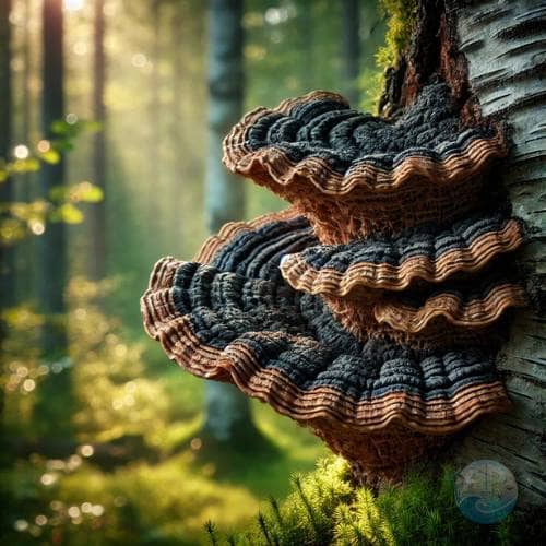 A detailed close-up of a Chaga mushroom on a birch tree in a tranquil forest, highlighting its medicinal properties