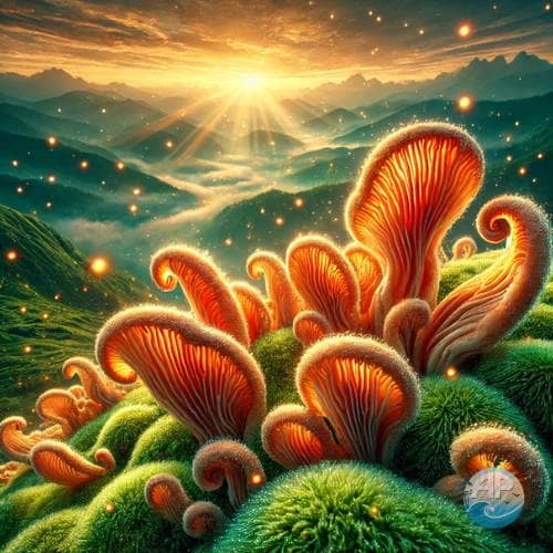 Cordyceps energy enhancer mushrooms on a lush mossy Himalayan hillside during sunrise.