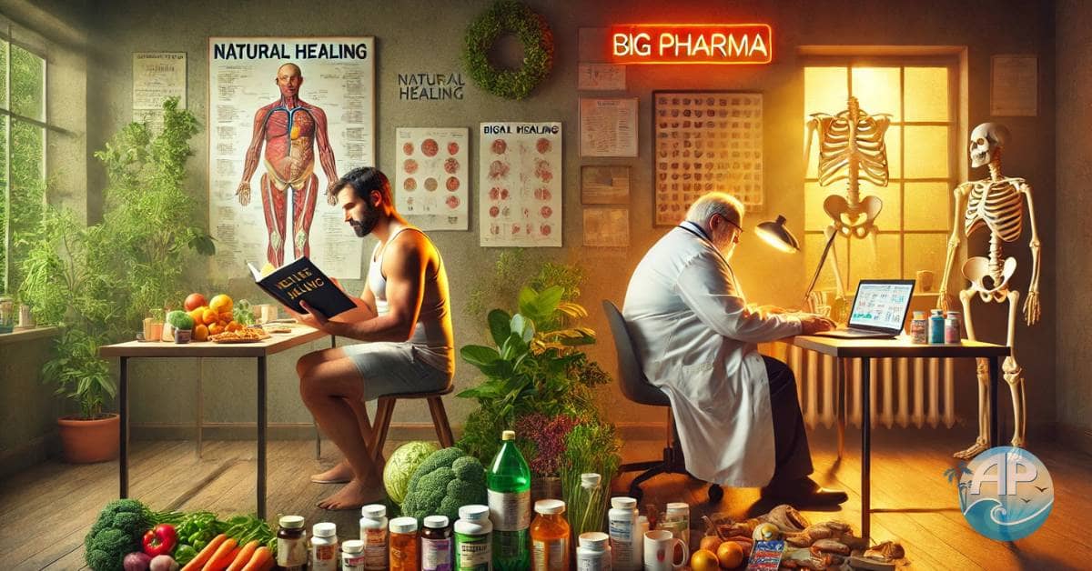 Education is Our Best Doctor: A detailed scene contrasting holistic health and pharmaceutical dependency.