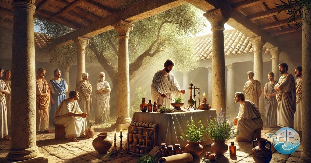 Hippocrates practicing holistic health with herbal remedies surrounded by students in an ancient courtyard.