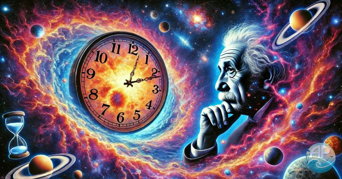 Is Time an Illusion? A vibrant cosmic scene depicting Einstein’s theory, with a warped clock bending around gravitational forces.