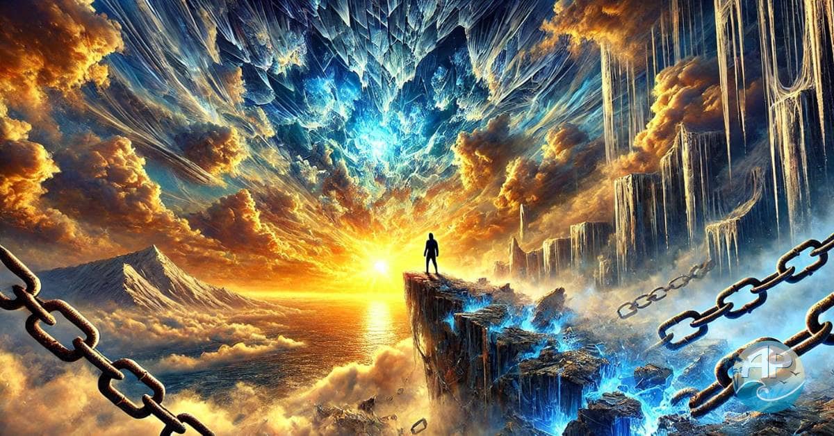 Surreal image depicting letting go of regret, with a figure standing on a cliff surrounded by broken chains against a vibrant sunrise.