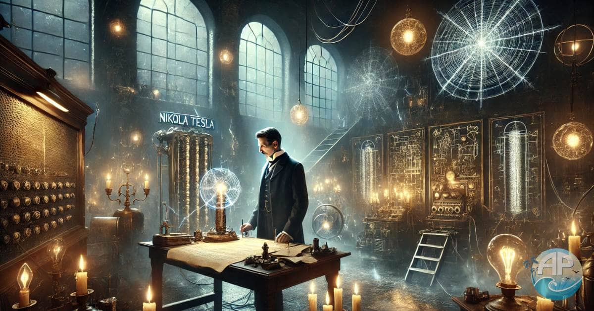 Nikola Tesla hidden inventions in a dimly lit lab, surrounded by blueprints, futuristic devices, and cryptic symbols hinting at suppressed technologies.