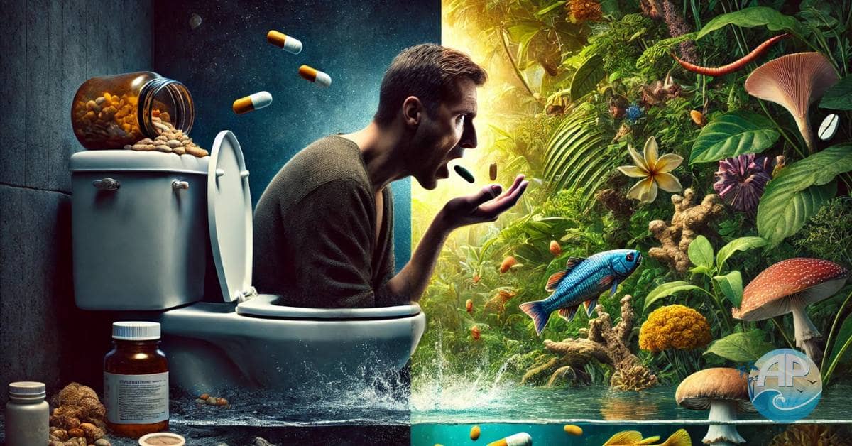 Pharmaceuticals too toxic to flush depicted in a split scene with a person hesitating to flush a pill while holding another to swallow, contrasting synthetic drugs with natural remedies.