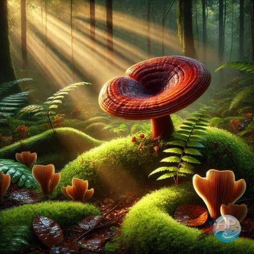 Reishi in the Wild: A glowing Reishi mushroom in a serene forest surrounded by moss and vibrant greenery