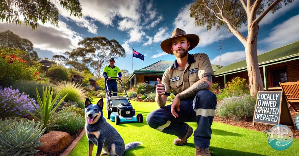 Starting a local service business with an Australian lawn care team, featuring native flora, a Blue Heeler, and community pride.