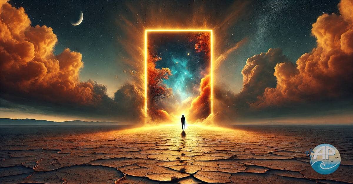 Step out of your comfort zone with a surreal image of a figure stepping through a glowing doorway in a desert.