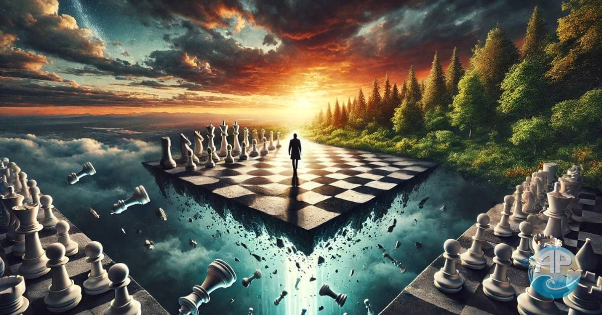 A lone figure stepping off a crumbling chessboard to stop playing their game and create a new path.