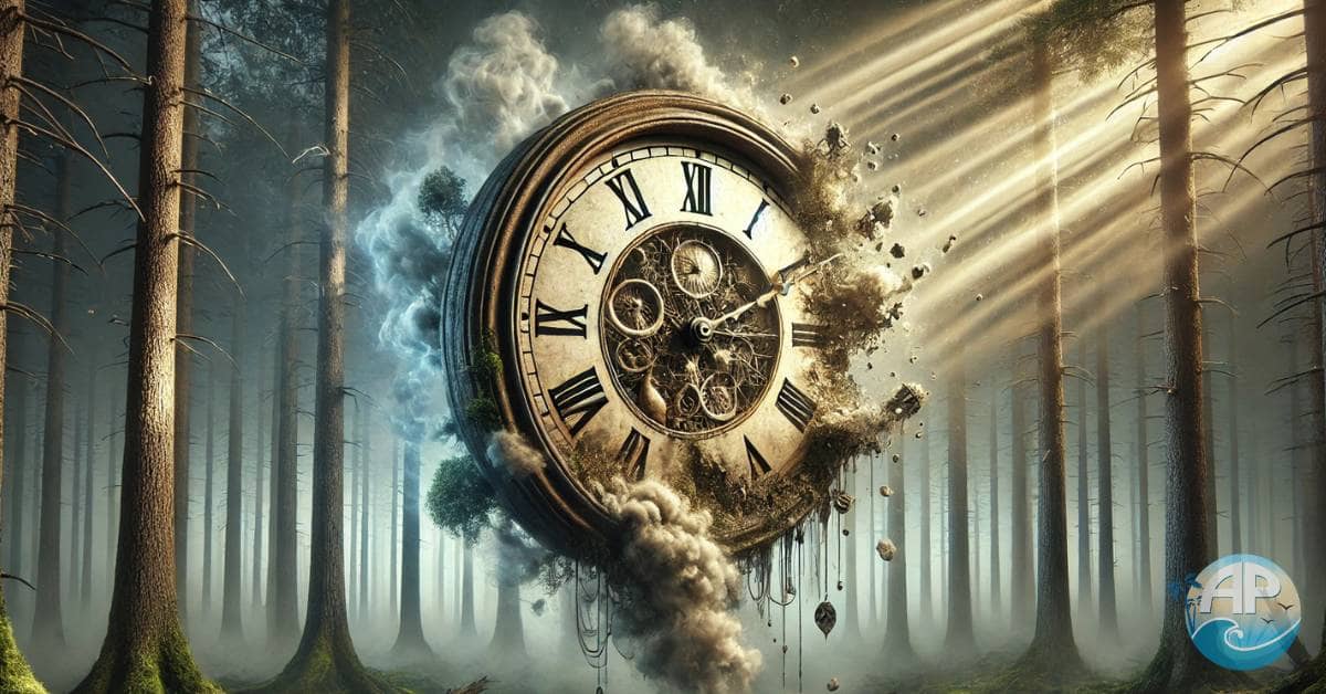 A surreal depiction of The Clock’s Influence, with a melting clock face dissolving into mist in a foggy forest.