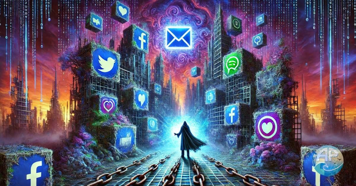 A dystopian digital landscape with decaying social media icons and a glowing email symbol representing ownership and renewal.