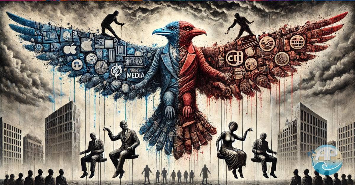 Symbolic illustration showing how the puppets are playing us, with figures on a red right wing and blue left wing of a weathered bird, symbolizing societal manipulation controlled by puppet masters above.