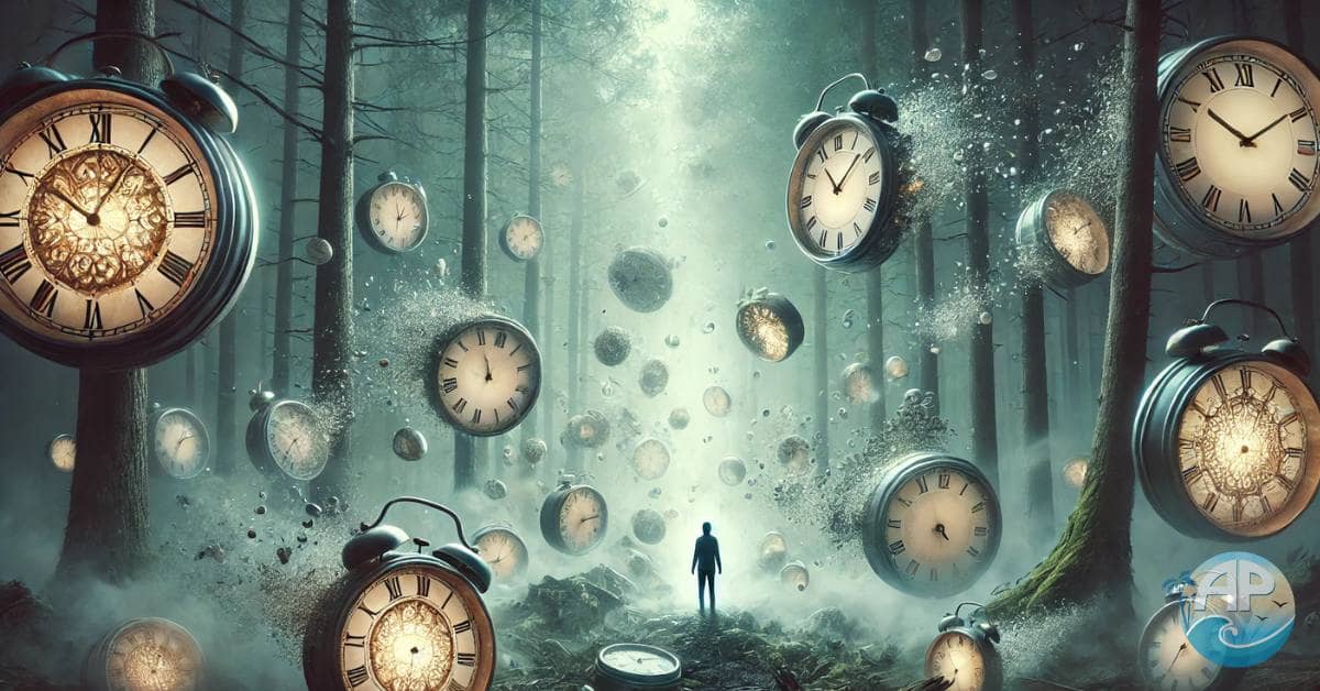 Surreal image depicting time as a construct with glowing clocks dissolving into mist in a mystical forest.