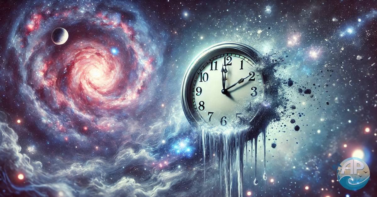 A surreal image depicting the concept that time is an illusion, with a melting clock dissolving into stardust against a cosmic backdrop.