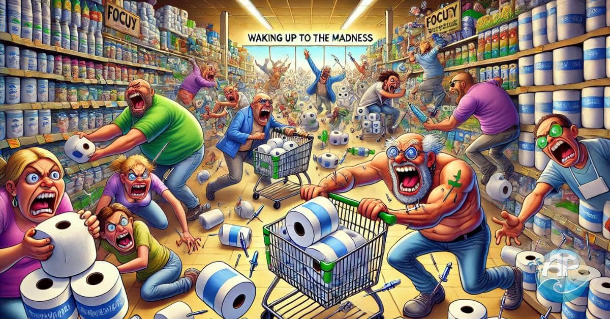 A cartoonish scene of chaos with angry shoppers fighting over toilet paper, reflecting the focus keyphrase 'Waking Up to the Madness.