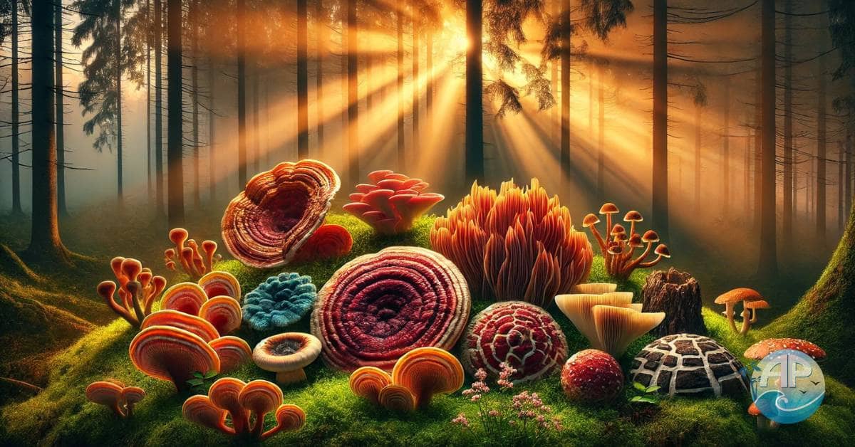 A serene forest showcasing medicinal mushrooms like Reishi, Lion’s Mane, and Turkey Tail glowing softly, symbolizing their healing properties.