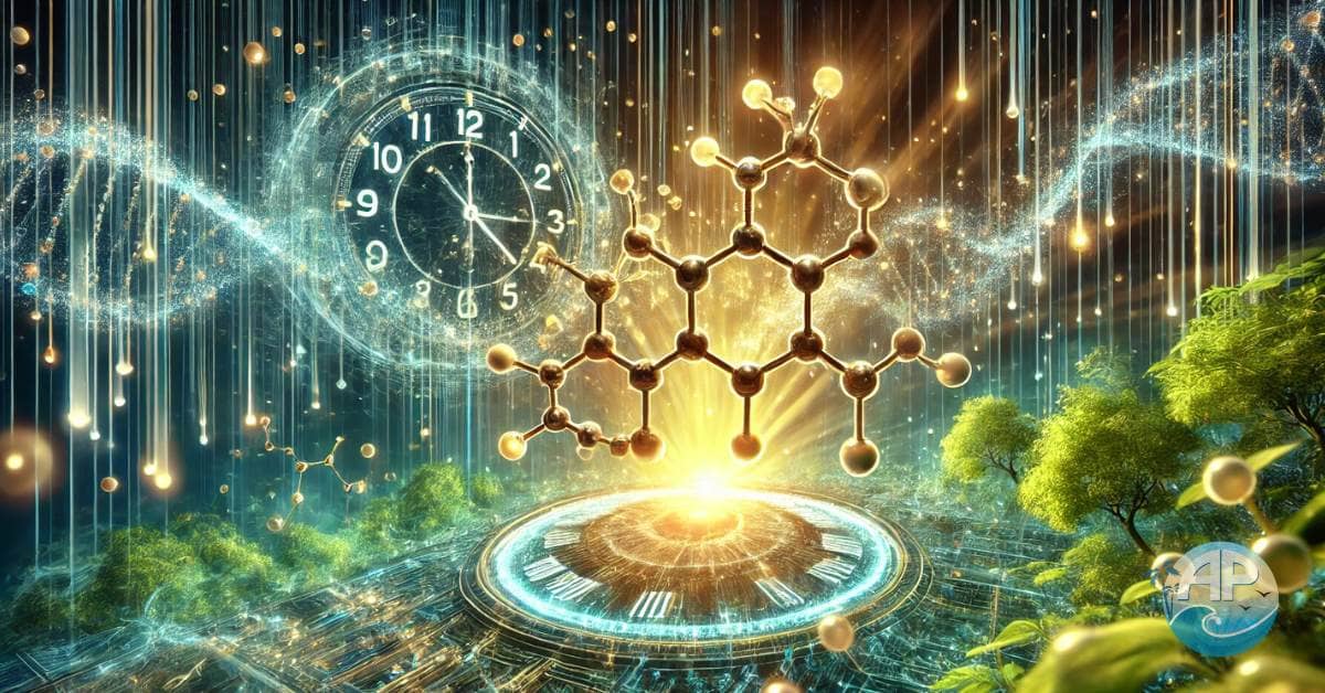 A detailed, futuristic depiction of Nicotinamide Mononucleotide (NMN) symbolizing its impact on longevity and vitality.