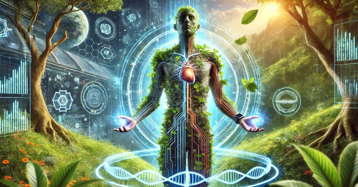 A futuristic human figure standing at the crossroads of nature and technology, with glowing circuits and organic veins symbolizing biohacking.