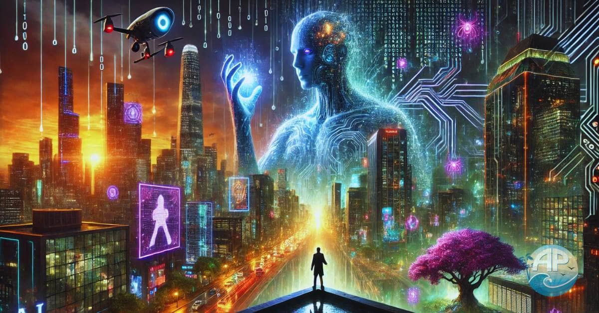 A hyper-detailed futuristic cityscape at dusk with neon-lit skyscrapers, a towering AI entity made of circuitry and glowing tendrils, a human figure holding a glowing orb, and contrasting utopian and dystopian city elements.